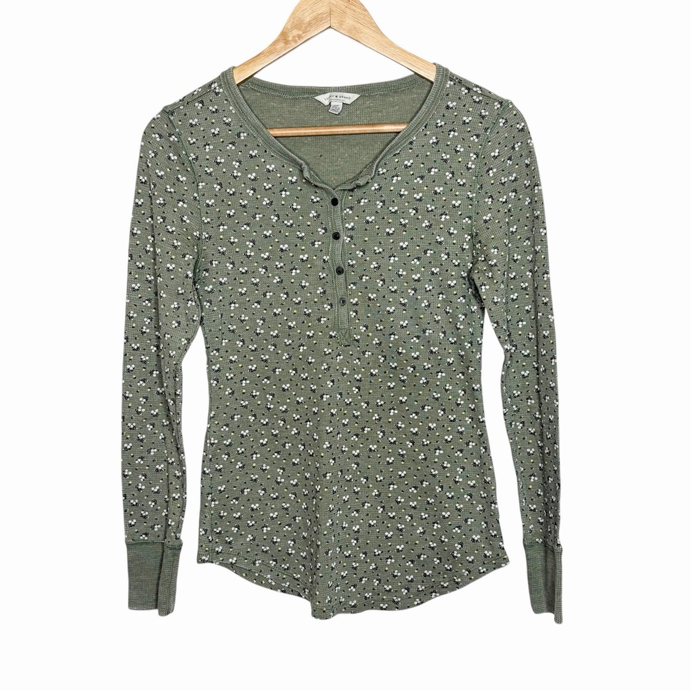 Lucky Brand Floral Thermal Henley Top Green Womens Size Small Granola Girl Boho